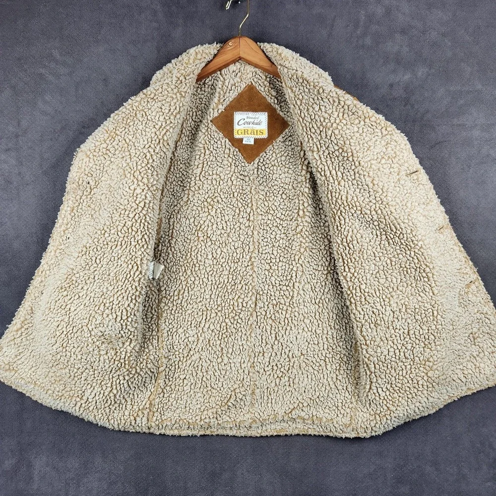 Vintage Grais Coat Mens 40 Brown Sueded Cowhide Leather Western Sherpa Lined 70s